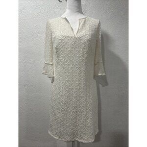 Adrianna Papell  Lace Floral  V neck A Line Dress 3/4 Bell Sleeves SZ 8P Beige